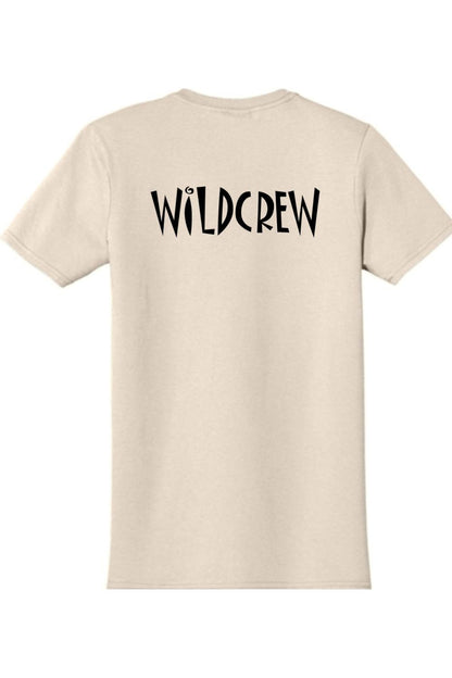 Light-colored 100% cotton t-shirt featuring the black WILDCREW logo printed on the back.