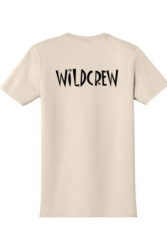 Light-colored 100% cotton t-shirt featuring the black WILDCREW logo printed on the back.