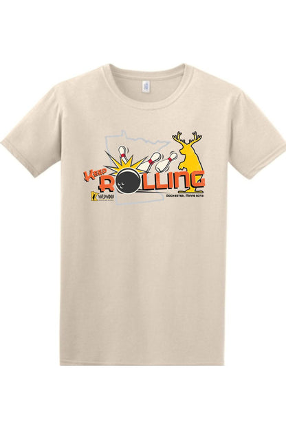 Light-colored cotton t-shirt featuring a Wildwood Keep Rolling bowling graphic with a deer and Minnesota outline.