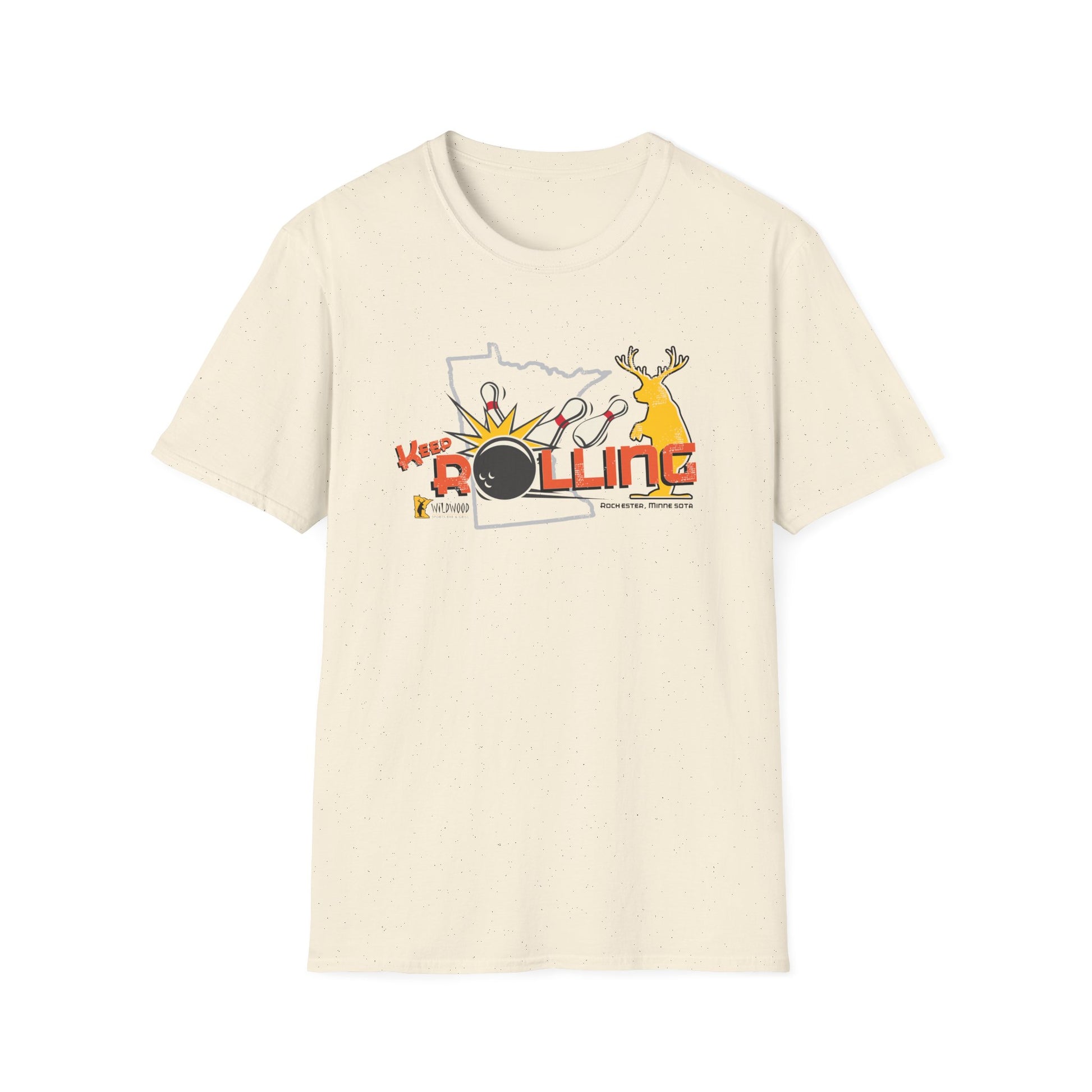 Natural speckled cotton T-shirt featuring a Wildwood Keep Rolling bowling graphic with a Minnesota outline and deer.