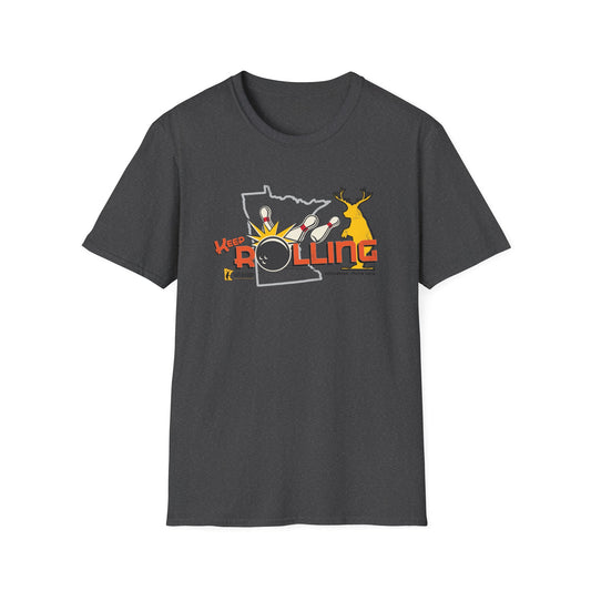 Dark heather gray 100% cotton T-shirt featuring a Keep Rolling bowling graphic with a Minnesota state outline and deer.