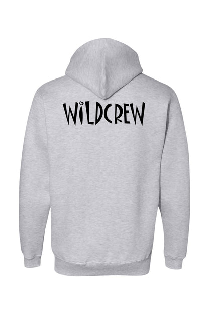 Back view of a grey cotton-blend hooded sweatshirt featuring the black text WILDCREW printed on the upper back.