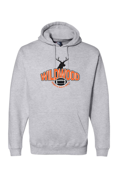 Light grey cotton-blend hooded sweatshirt featuring a Wildwood Sports Bar & Grill logo with a deer and football.