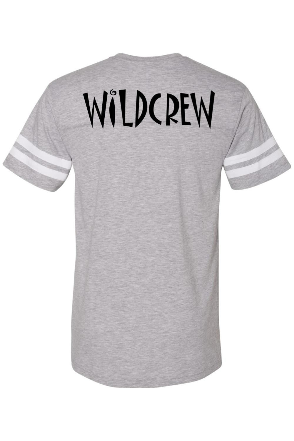 Grey football jersey tee with white sleeve stripes and black Wildcrew text on the back in a soft cotton-poly blend.