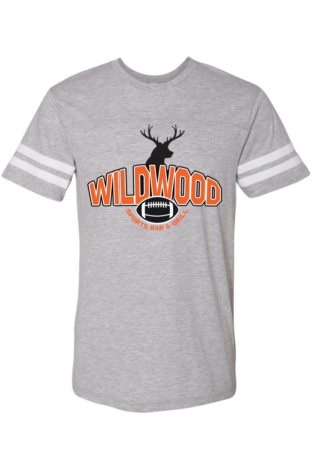 Grey football jersey tee with white sleeve stripes, Wildwood logo, deer silhouette, and football graphic.