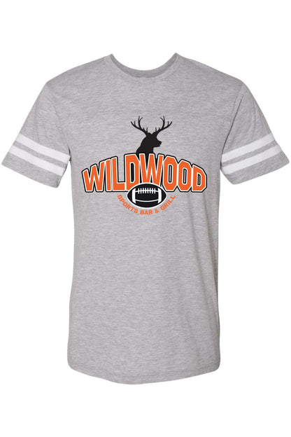 Grey football jersey tee with white sleeve stripes, Wildwood logo, deer silhouette, and football graphic.