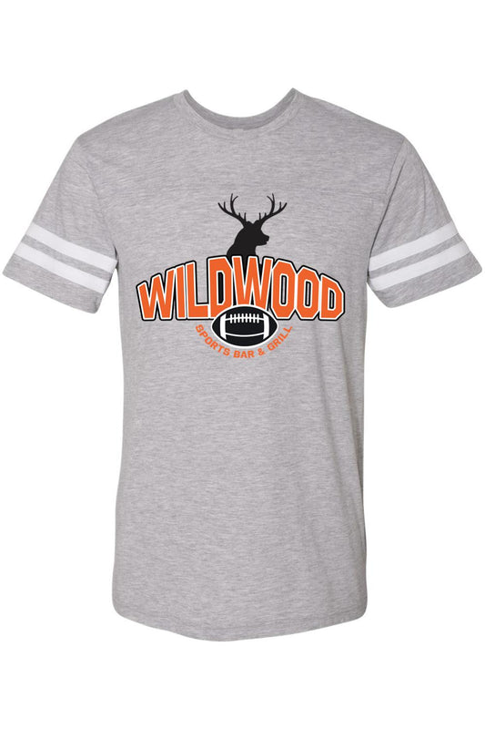 Grey football jersey tee with white sleeve stripes, Wildwood logo, deer silhouette, and football graphic.