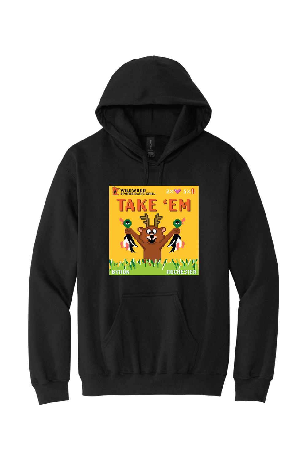 Black midweight cotton hoodie featuring a pixel art graphic of a hunter holding two ducks on a yellow background.