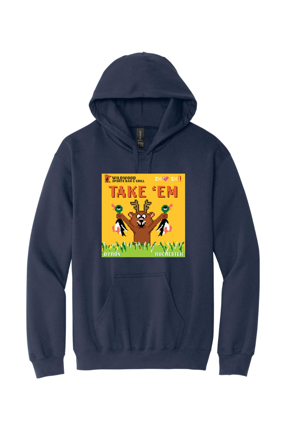 Navy blue midweight hoodie featuring a pixel art graphic of a deer holding two mallard ducks.