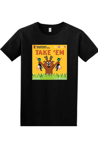 Black 100% cotton T-shirt featuring a pixel-art bear holding two ducks with Wildwood Sports Bar & Grill branding.