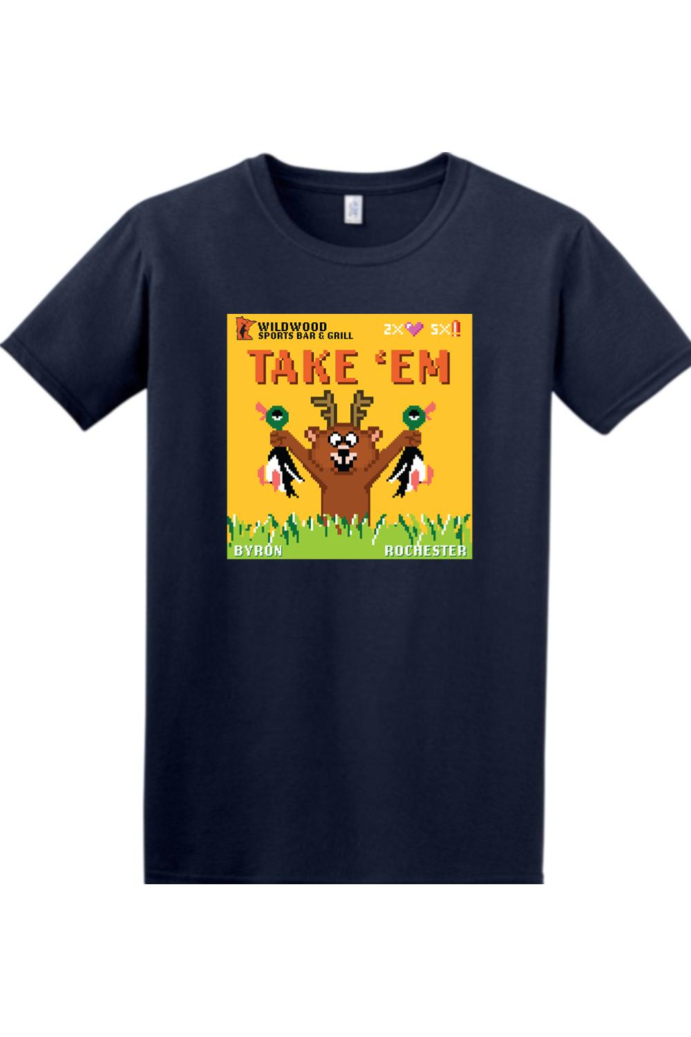 Navy blue 100% cotton T-shirt featuring a pixel-art bear holding two ducks with Wildwood Sports Bar branding.