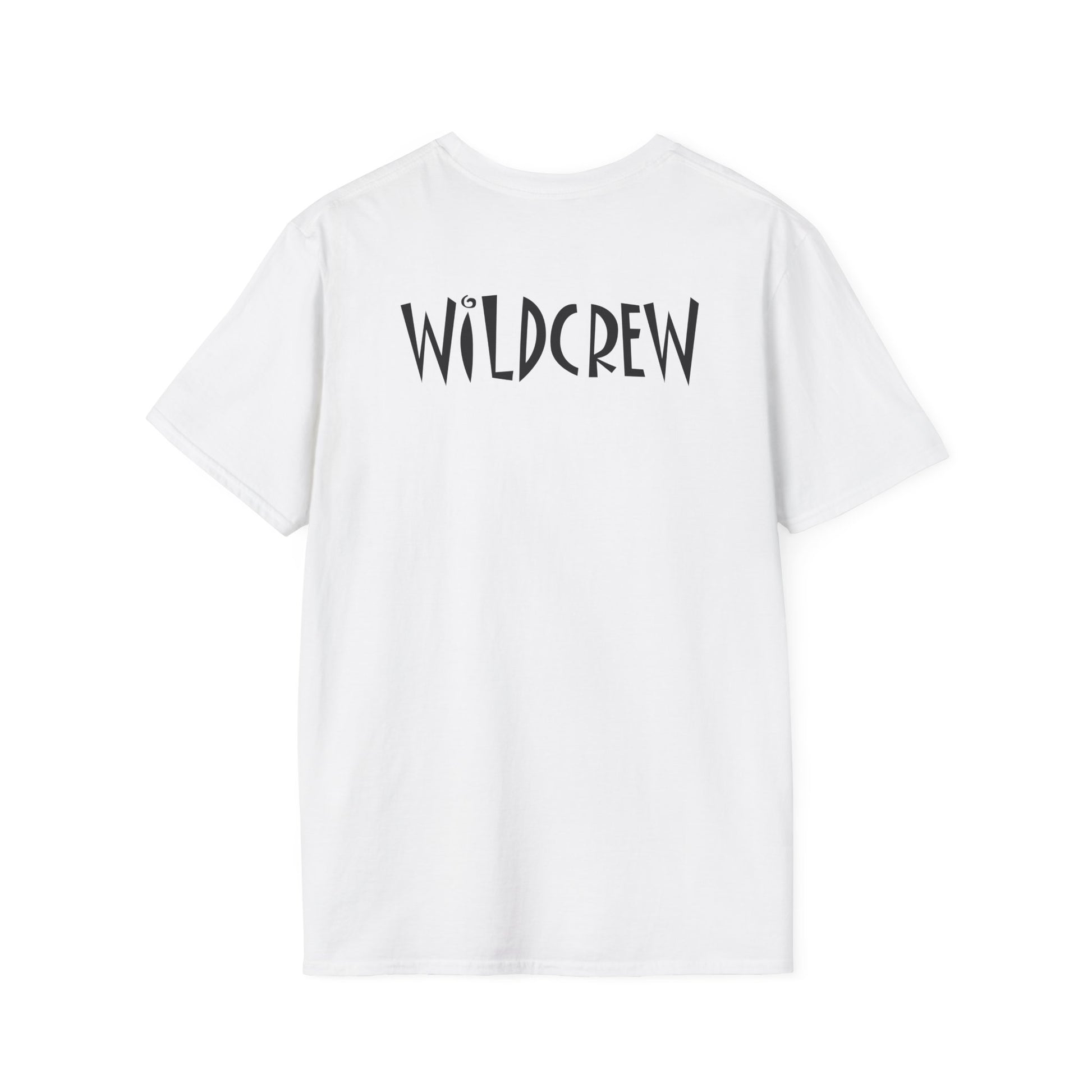 White short-sleeve cotton T-shirt featuring the black text WILDCREW printed on the back.