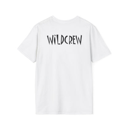 White short-sleeve cotton T-shirt featuring the black text WILDCREW printed on the back.