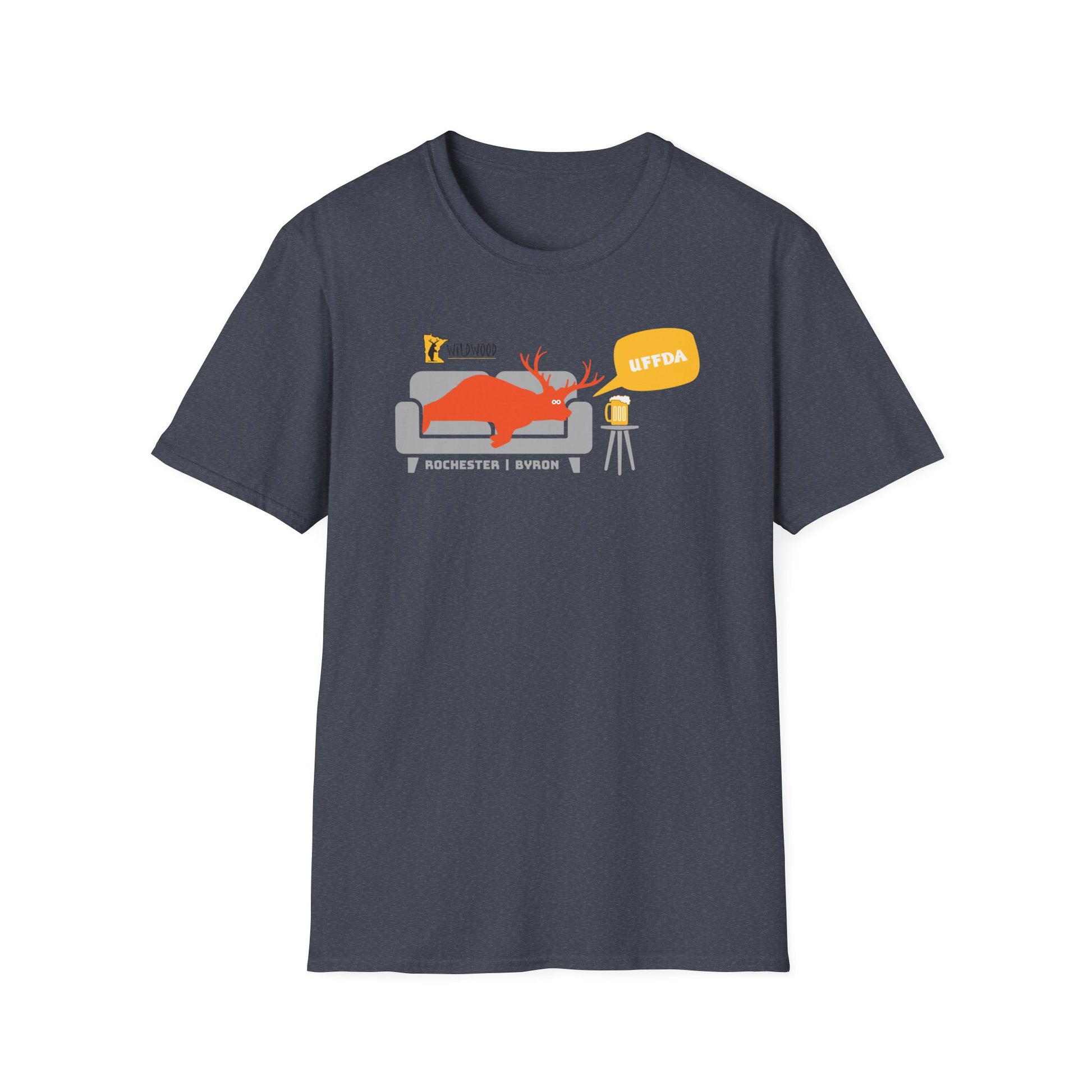 Heather navy cotton t-shirt featuring an orange moose on a couch with a beer and UFFDA speech bubble graphic.