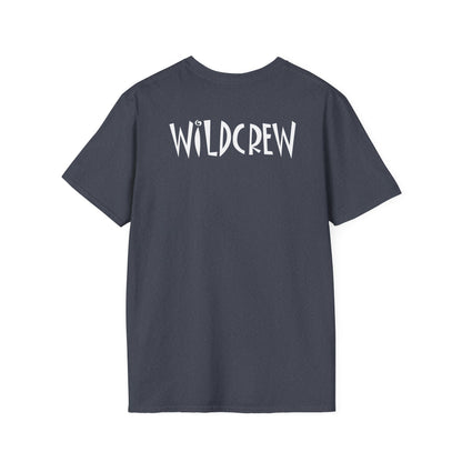 Dark grey, soft cotton Wildwood UFFDA t-shirt featuring white WILDCREW lettering on the back.