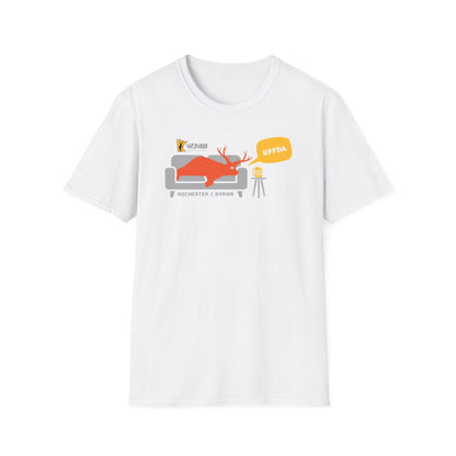 White 100% cotton T-shirt featuring a Wildwood UFFDA graphic of a red deer on a couch with a beer and speech bubble.