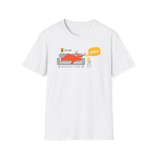 White 100% cotton T-shirt featuring a Wildwood UFFDA graphic of a red deer on a couch with a beer and speech bubble.