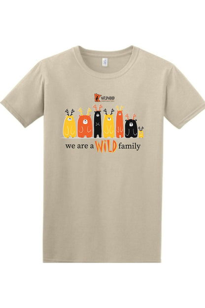 Soft beige cotton t-shirt featuring a colorful Wildwood Wild Family bear graphic with antlers and text.