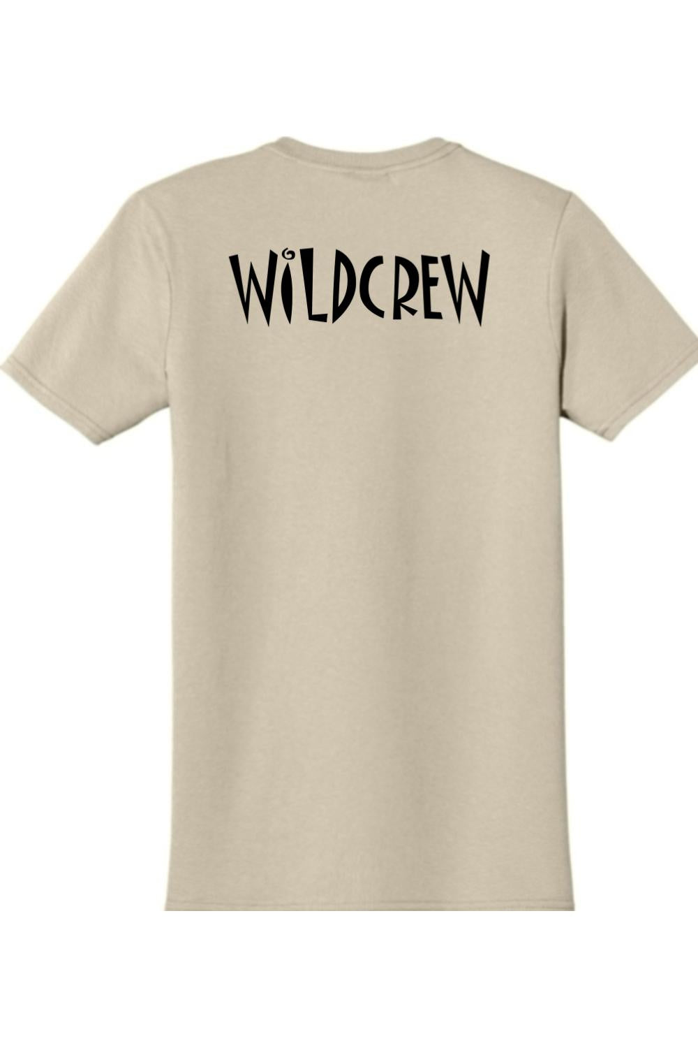 Light tan short-sleeve cotton t-shirt featuring the black text WILDCREW printed on the back.