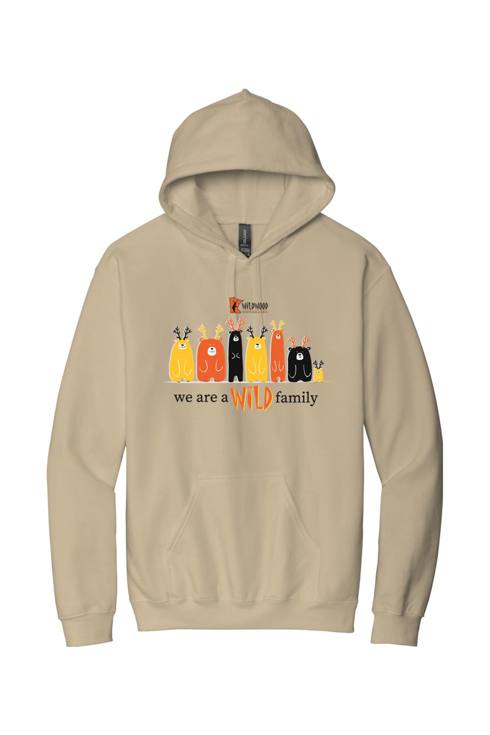 Tan midweight hoodie featuring a colorful graphic of cartoon bears with antlers and the text We Are a Wild Family.