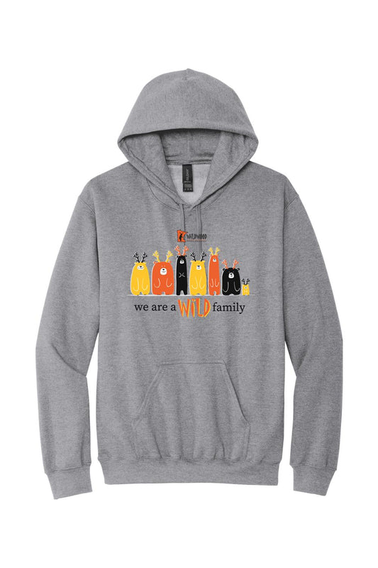 Sport grey midweight hoodie featuring a Wildwood Wild Family graphic with colorful bears and text on the front.