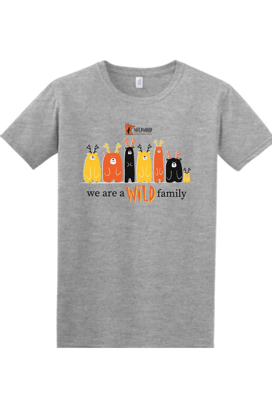 Sport grey cotton t-shirt featuring a Wildwood Wild Family graphic with colorful bears and antler illustrations.