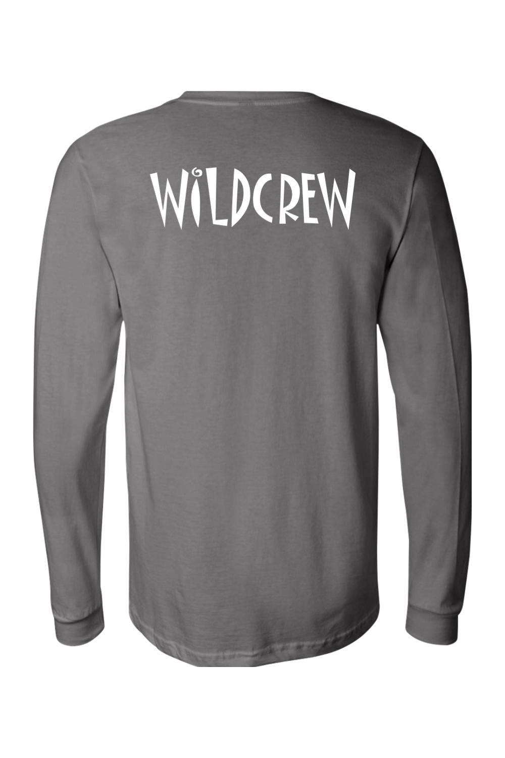 Grey long sleeve cotton t-shirt featuring the white text WILDCREW printed across the upper back.