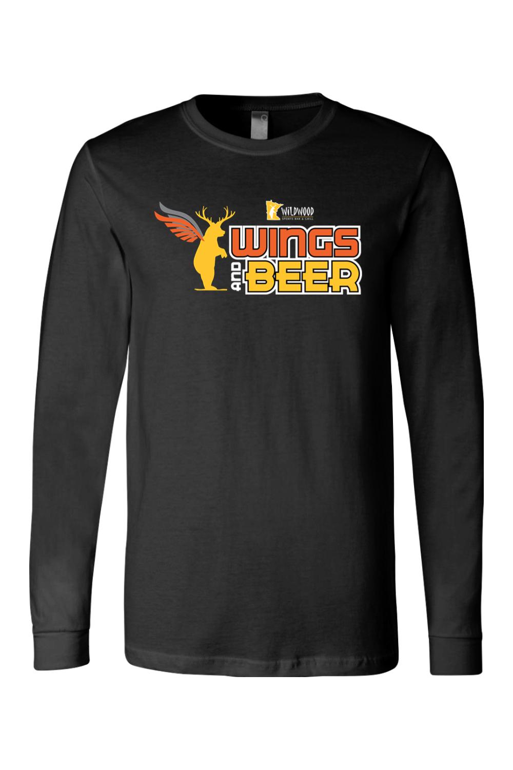 Black long-sleeve cotton t-shirt featuring a Wildwood Wings and Beer graphic with a winged deer logo on the chest.