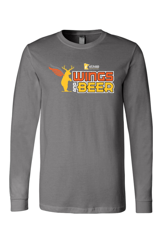 Grey long sleeve cotton t-shirt featuring a Wildwood Wings and Beer graphic with a winged deer logo on the chest.