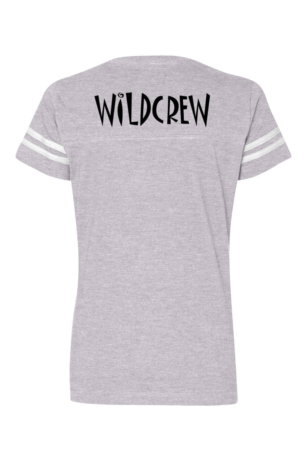 Grey heather women's V-neck football jersey tee featuring white striped sleeves and black WILDCREW text on the back.