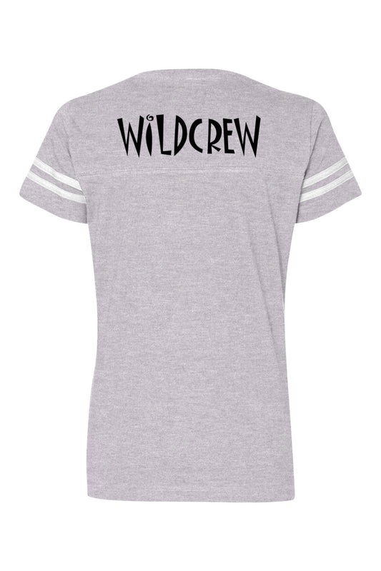 Grey heather women's V-neck football jersey tee featuring white striped sleeves and black WILDCREW text on the back.