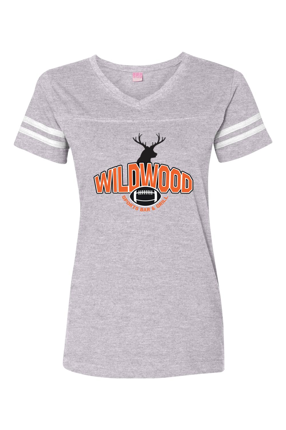 Grey heather V-neck football jersey tee with white sleeve stripes and Wildwood Sports Bar & Grill deer logo.