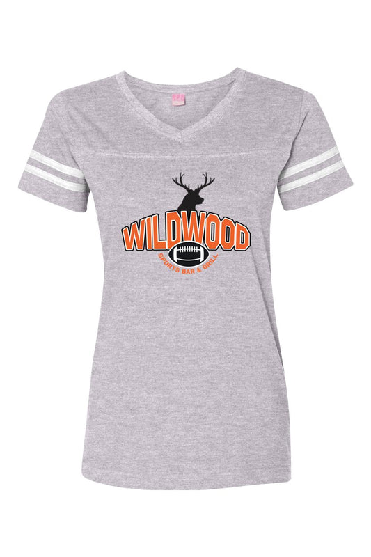 Grey heather V-neck football jersey tee with white sleeve stripes and Wildwood Sports Bar & Grill deer logo.