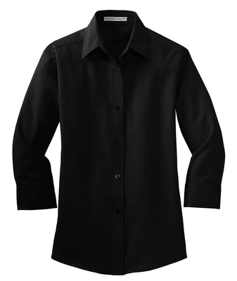 Black women's 3/4-sleeve easy care shirt with an open collar, button-front closure, and adjustable cuffs.