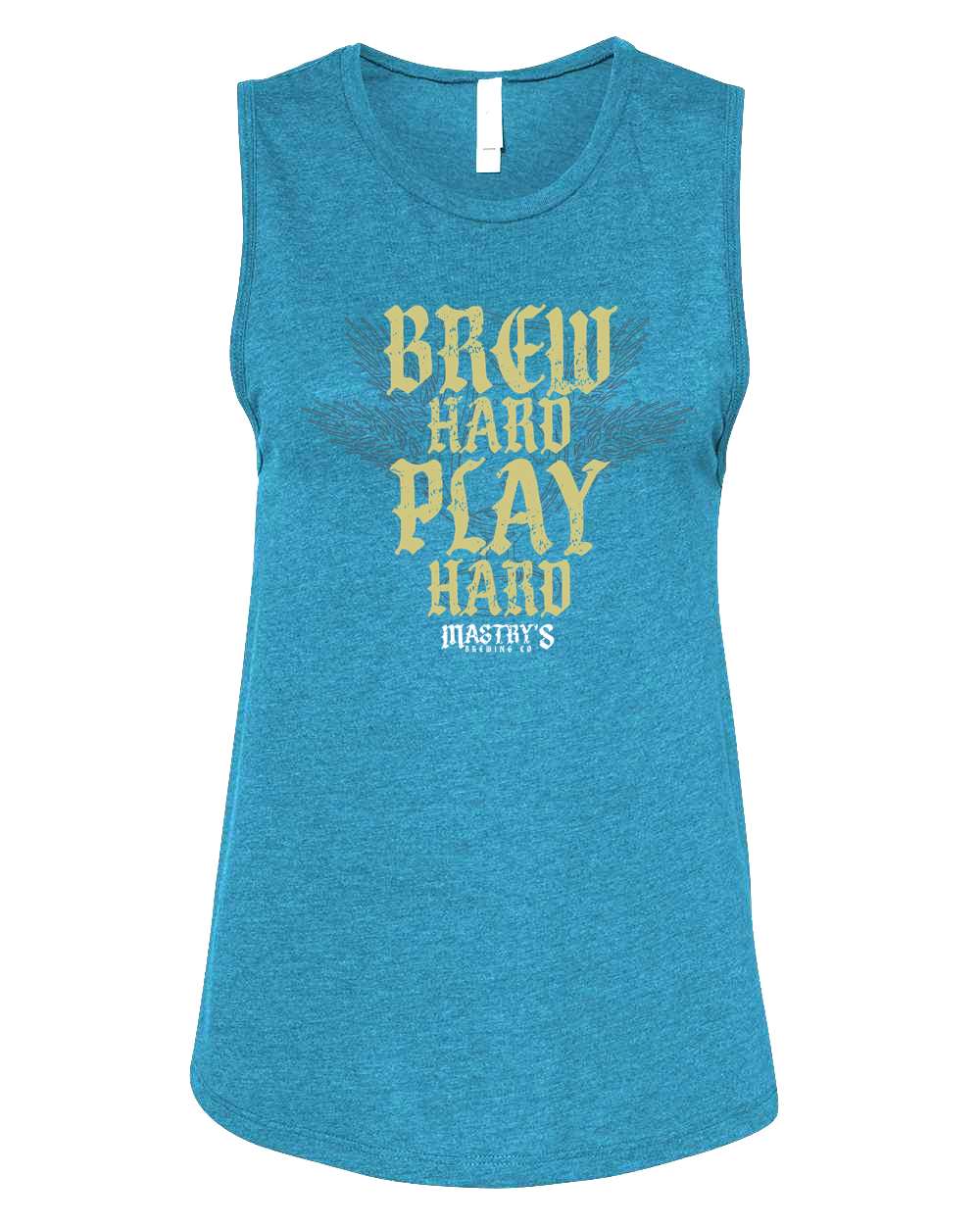 Teal heather women's relaxed-fit tank top with Brew Hard Play Hard graphic and Mastry's Brewing Co. logo.