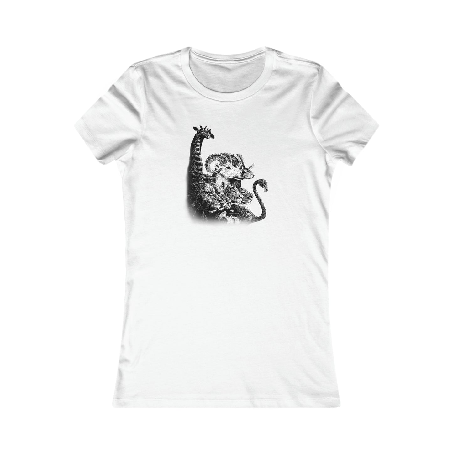 White slim-fit cotton women's tee featuring a black and white vintage-style animal collage graphic.