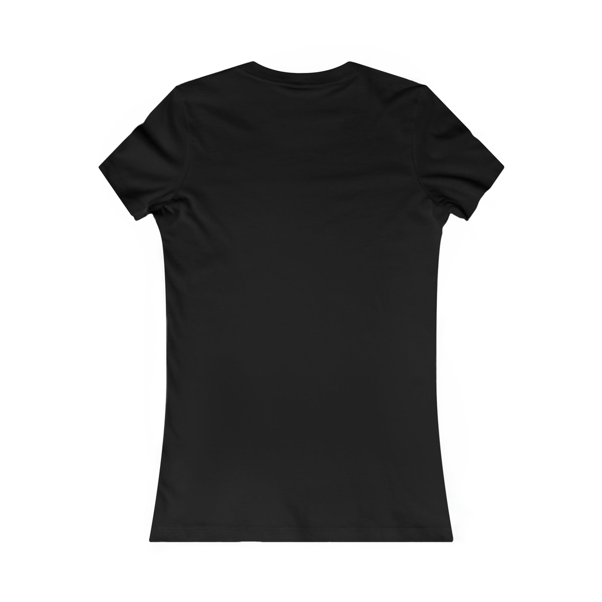 Back view of a slim-fit black women's cotton t-shirt with a feminine cut and ribbed collar.