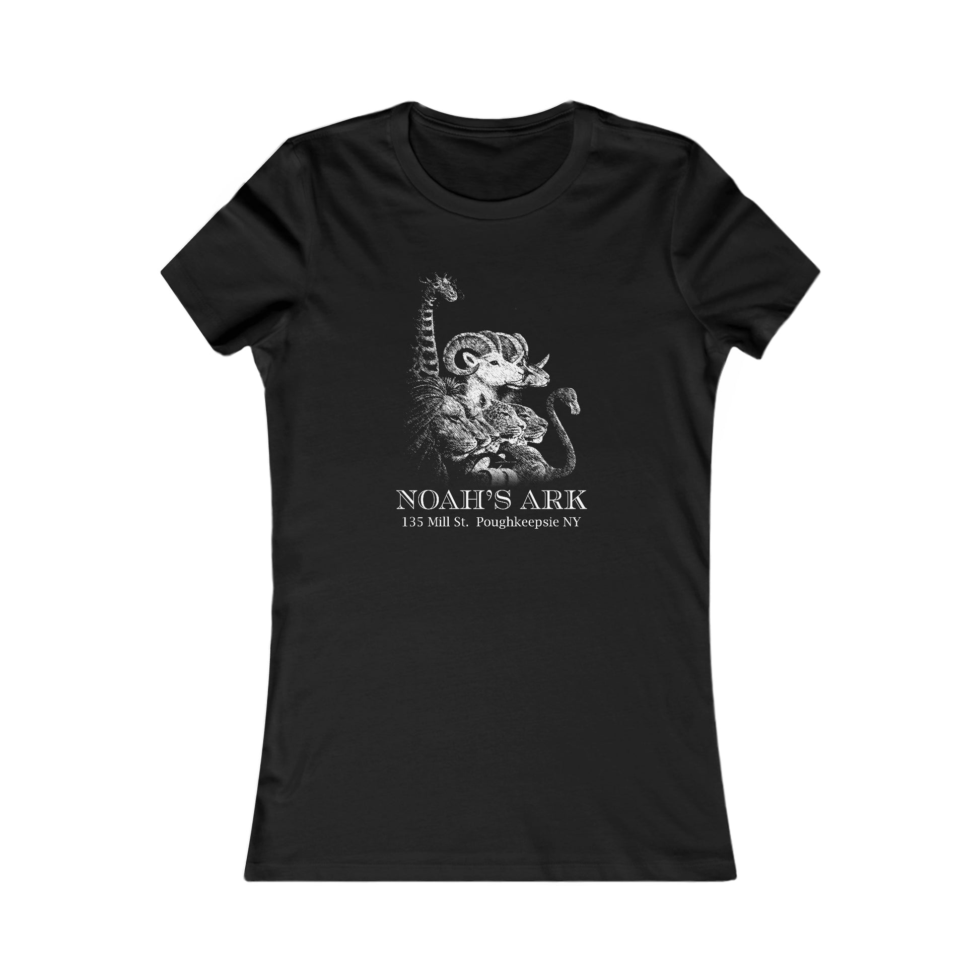 Black slim-fit cotton women's tee featuring a white Noah's Ark animal graphic and text on the chest.