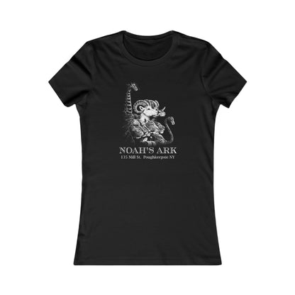 Black slim-fit cotton women's tee featuring a white Noah's Ark animal graphic and text on the chest.