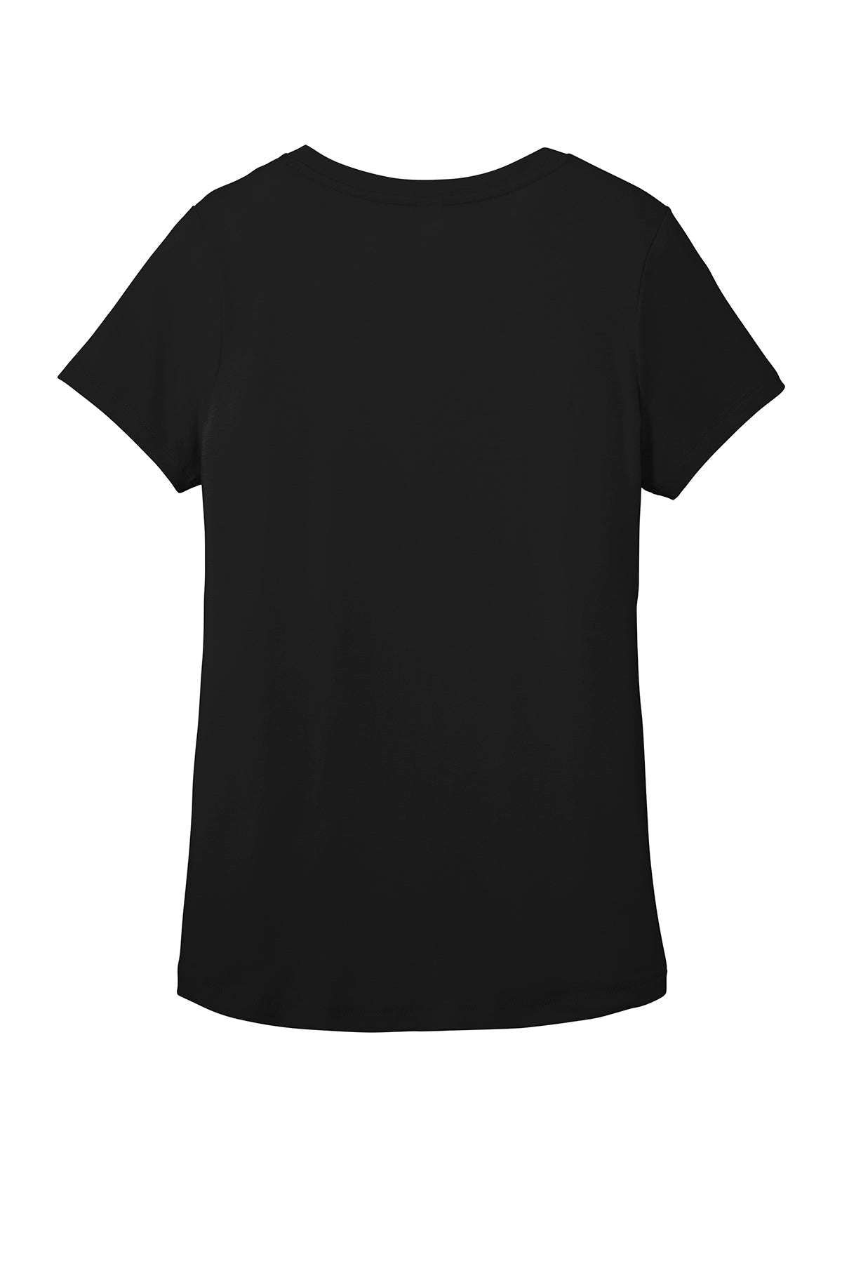Back view of a black women’s scoop neck tee with a soft cotton-blend fabric and a rounded high-low hem.