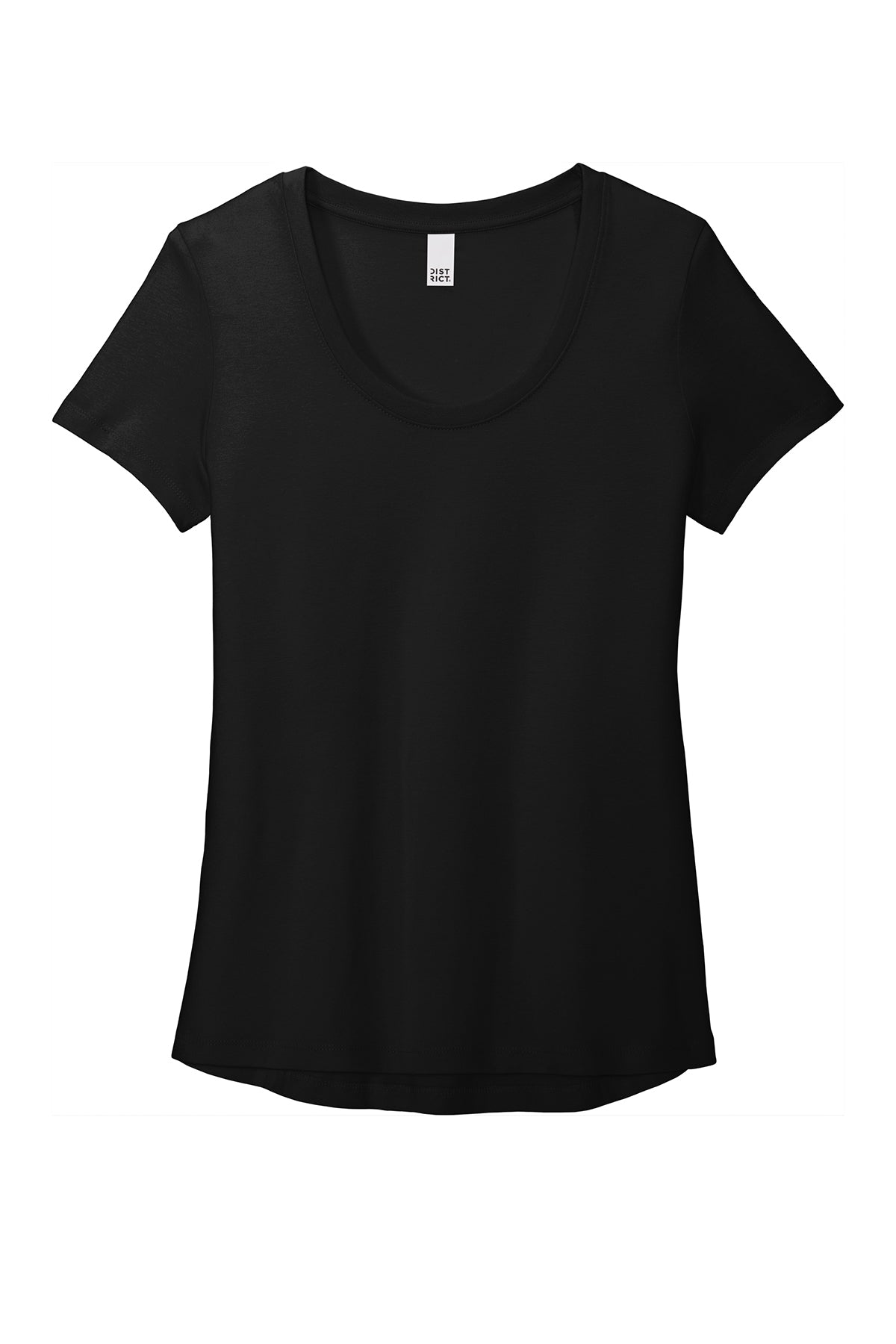 Black women’s scoop neck tee in a soft cotton-poly blend with a rounded high-low hem and rib knit collar.