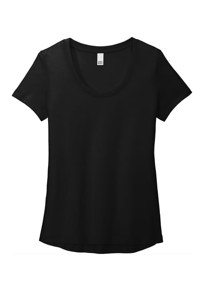Black women’s scoop neck tee in a soft cotton-poly blend with a rounded high-low hem and rib knit collar.