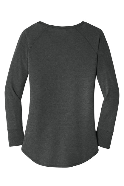 Dark grey long sleeve tunic tee with a curved hem, rib knit cuffs, and soft tri-blend fabric.