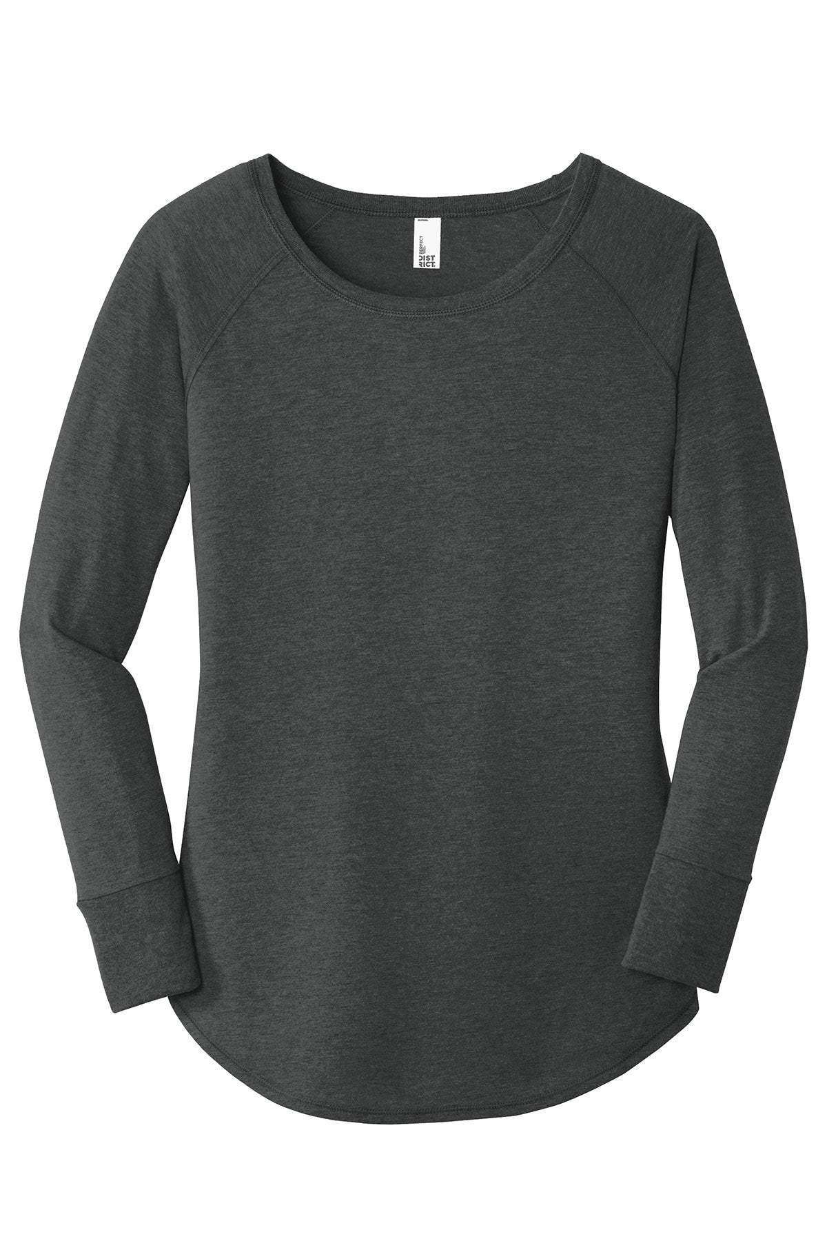 Charcoal grey women's long sleeve tunic tee with a curved hem, rib knit cuffs, and soft tri-blend fabric.