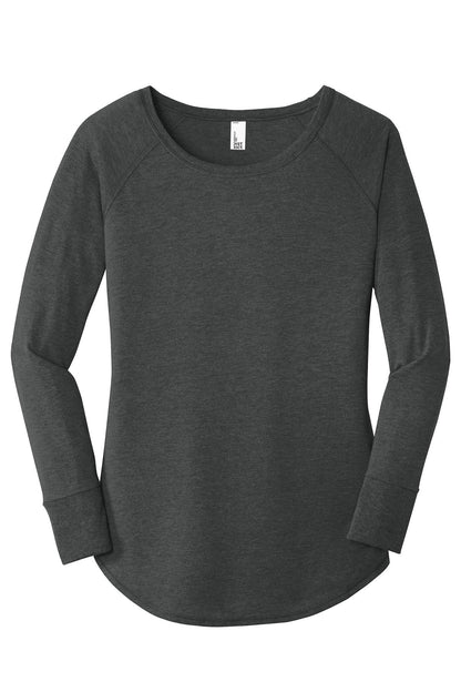 Charcoal grey women's long sleeve tunic tee with a curved hem, rib knit cuffs, and soft tri-blend fabric.