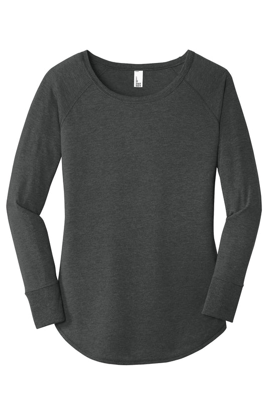 Charcoal grey women's long sleeve tunic tee with a curved hem, rib knit cuffs, and soft tri-blend fabric.