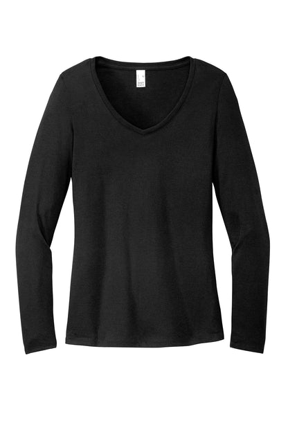 Women’s black long sleeve V-neck tee in a soft poly-cotton-rayon tri-blend fabric with a ribbed neckline.