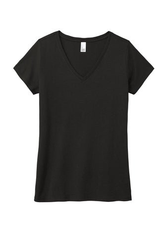 Women’s black Perfect Tri V-neck tee made from a soft, lightweight poly-cotton-rayon blend with a rib knit collar.