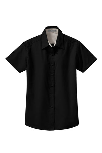 Black short sleeve easy care shirt with an open collar and light stone contrast neckband.