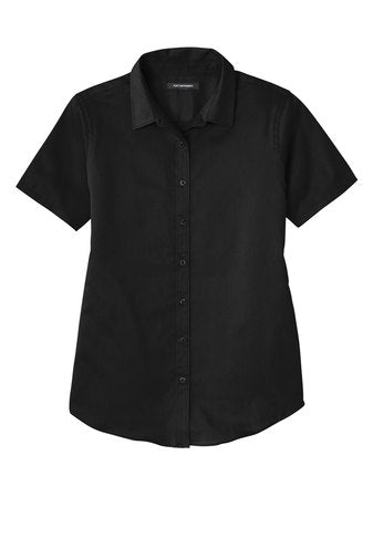 Women's black short sleeve SuperPro React twill shirt with an open collar and matching buttons.